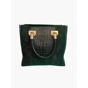 Black Faux Croc Leather Handbag With Gold Hardware & Braided Handles